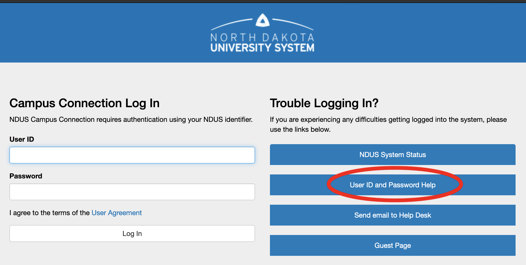 Campus Connection login page with password help button second down on right