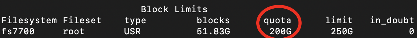 Block limits with disk quota shown in 5th column